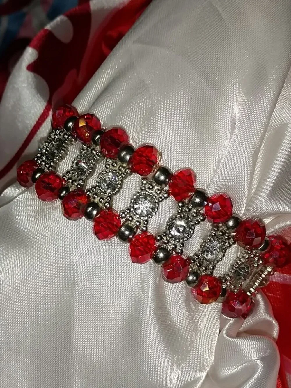 Rhinestone and Red Beaded Stretch Bracelet